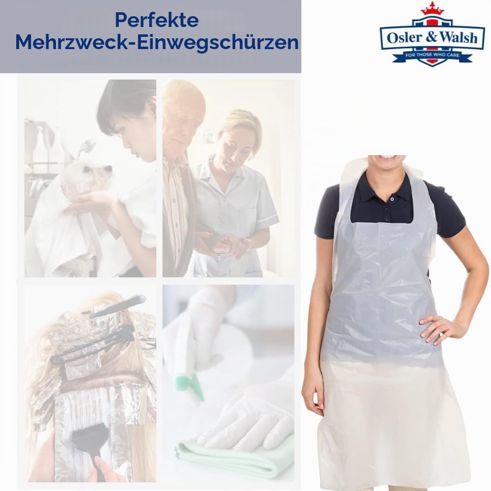 Osler & Walsh Hochwertige Einwegschürzen für Damen und Herren, 686 mm x 1170 mm, Polyethylen-Schürzen für Erwachsene, 16 Mikrometer, flach verpackt, Größe und Spezifikation, Weiß, 100 Stück