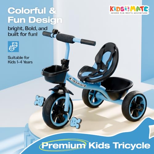 Image of Kidsmate Zoom Trike Cycle for Kids 2-5 Years | Tricycle for Kids | Tricycle for Boys & Girls | Baby Cycle with Anti-Skid EVA Wheels, Bell, Front & Rear Basket, Comfortable Seat | 30kg Capacity - Blue