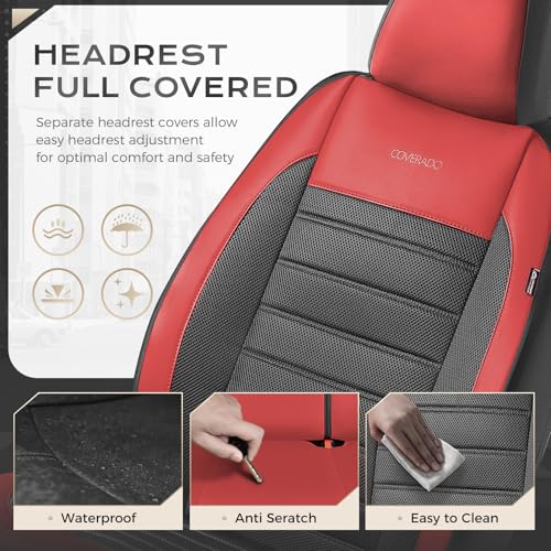Image of Coverado Car Seat Covers Full Set, Luxury Leather Car Seat Covers, Automotive Front and Rear Mesh Seat Covers, Full Set 5 Seats, Black Red Seat Covers for SUV Sedan Truck