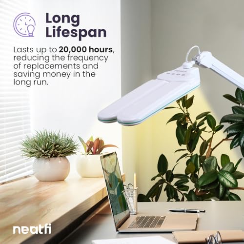 Image of Neatfi Elite HD XL LED Desk Lamp | 3 Light Modes | Non-Polar Dimming | 17 Inches Wide | Eye-Caring Desk Light for Home Office, Drafting, Beauty Shop, Workbench (Blue Ring, CCT with Clamp)