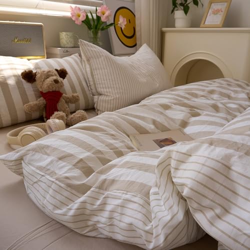 Image of VM VOUGEMARKET Khaki Striped Duvet Cover Set Queen Teens Boys Girls Dorm Bedding Set Soft Lightweight Reversible Microfiber Farmhouse Duvet /Quilt Cover-90 x90,Khaki White