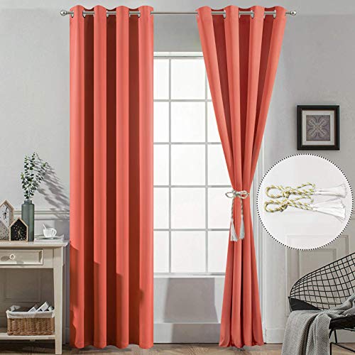 Yakamok Thermal Curtains Blackout Curtain Panels, Room Darkening Solid Grommet Top Window Drapes For Dedroom, 2 Tie Backs Included,（52X84 Inch, Coral Orange, 2 Panels #TOP1