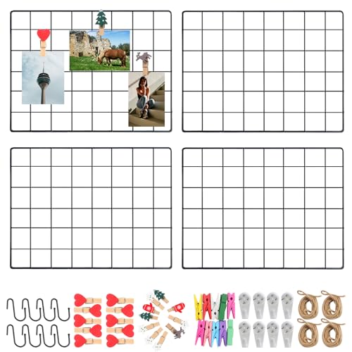Roellgs 4 griglie da parete (con accessori), bacheca per foto, bacheca per appunti e foto da parete, griglia decorativa in metallo per ufficio, cucina, stanza e altro ancora, colore: nero