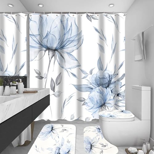 Sutowe Juego de cortinas de ducha de 4 piezas con alfombras y 12 ganchos, 180 x 180 cm, cortina de ducha con estampado floral de acuarela, accesorios de baño, decoración del hogar (azul 01)