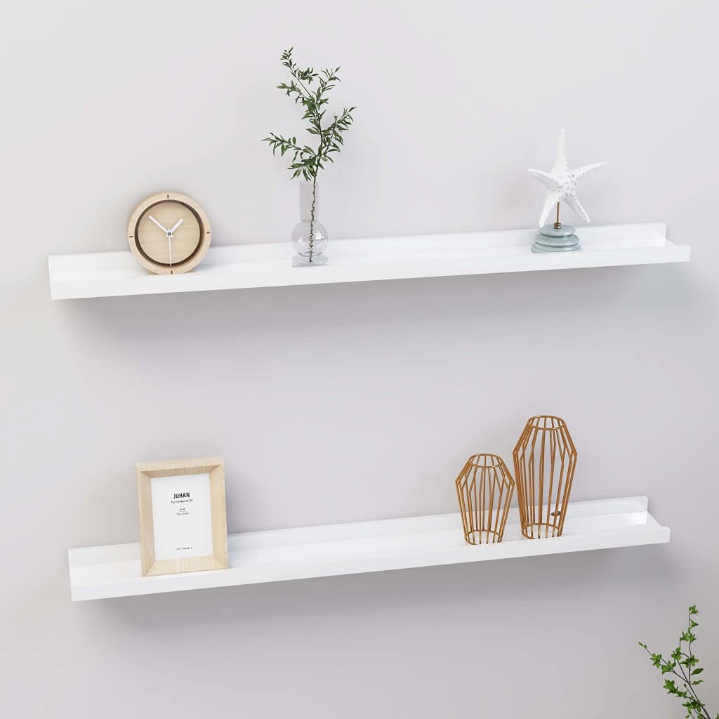 vidaXL High Gloss White Wall Shelves Set of 2, Modern MDF Floating Shelves, Durable Storage and Display Units