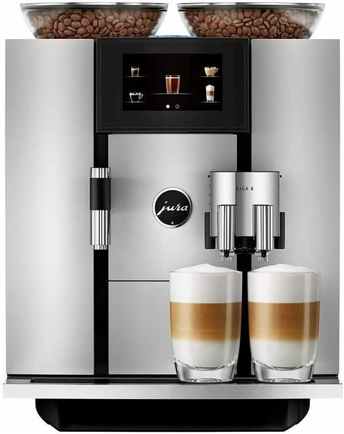 Front view of Jura Giga 6 coffee machine dispensing two lattes