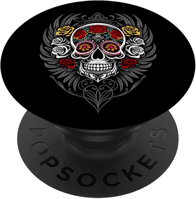 Halloween Sugar Skull with Roses Tattoo Wings and Ornaments PopSockets Standard PopGrip
