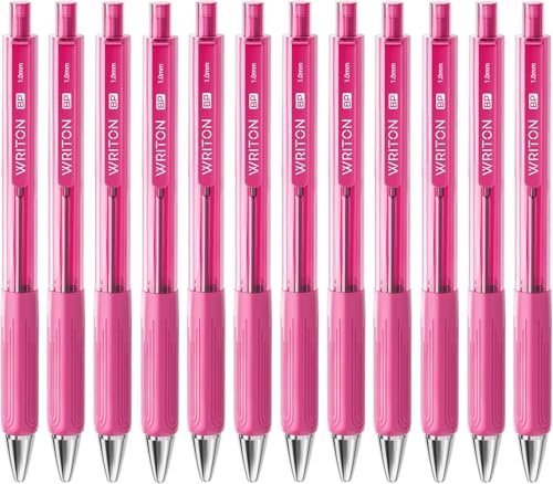 Writon Retractable Ballpoint Pens, Triangle Grip and Barrel, 1.0mm Medium Point, Pink Ink, 12 Pack