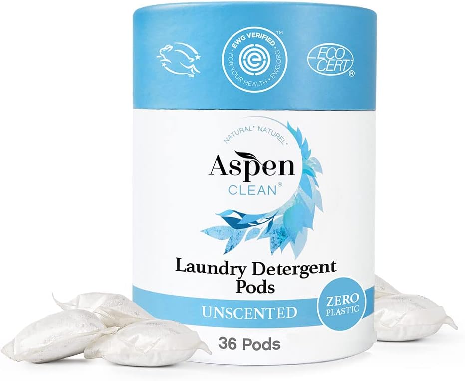 AspenClean | Laundry Pods | Unscented | Clean Detergent for Sensitive Skin | Zero Plastic | Non - Toxic | 100% Natural | EWG Verified - 36 Count