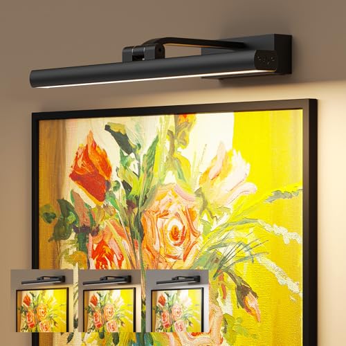 Image of Wireless Picture Lights for Wall, Battery Operated Wall Light for Painting Rechargeable CCT Rotatable 16in Art Gallery Light with Remote Dimmable Timer for Artwork Frame Display Dartboard