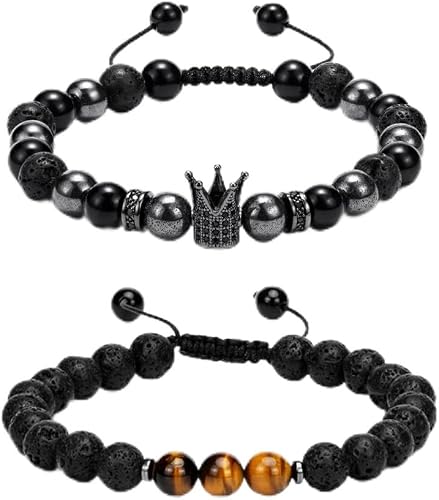 Crystery Men Hematite Beaded Bracelets, 8mm Natural Stone Adjustable Bracelet fo