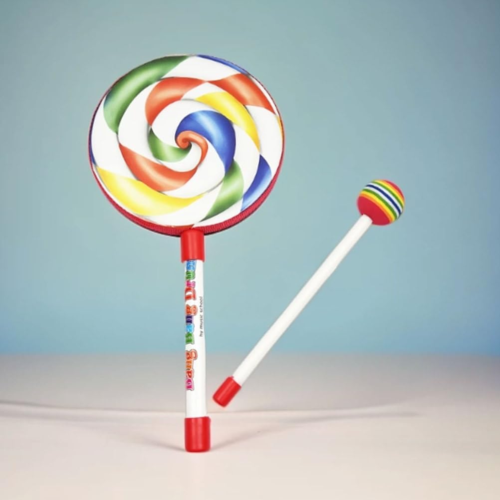Tamburo da Mano Montessori con Lecca-Lecca e Bacchetta Arcobaleno | Strumento a Percussione a Forma di Caramella Colorata, Giocattolo di Formazione del Ritmo per la Prima Infanzia