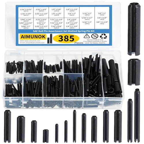 AIMUNOK 385-Piece Roll Pins Assortment - 26 Sizes Steel Slotted Spring Roll Pins- 1/8 1/4 3/8 1/16 5/64 3/32 5/16 5/32 5/16 for Home Improvement Automotive Repair