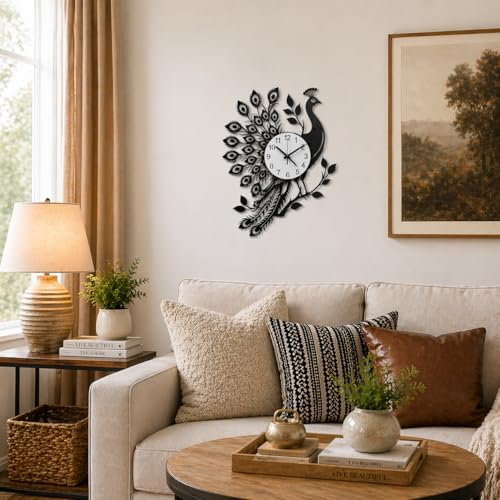 Image of Home Decoration European Peacock Analog Wall Clock Crystal Luxury Living Room Creative Personality Art,Metal,Blue,Birds (ST-64A, 60CM)