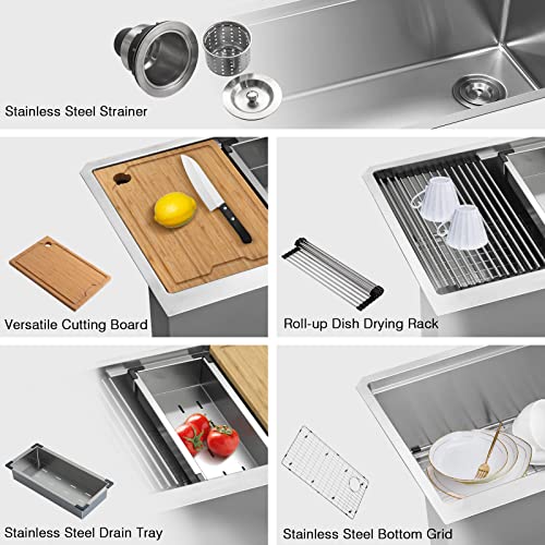 Jassferry 36 Inch Farmhouse Workstation Sink 16 Gauge Stainless Steel Flat Apron Front Undermount Kitchen Sink With Cutting Board, 36" X 21" X 10" #TOP2