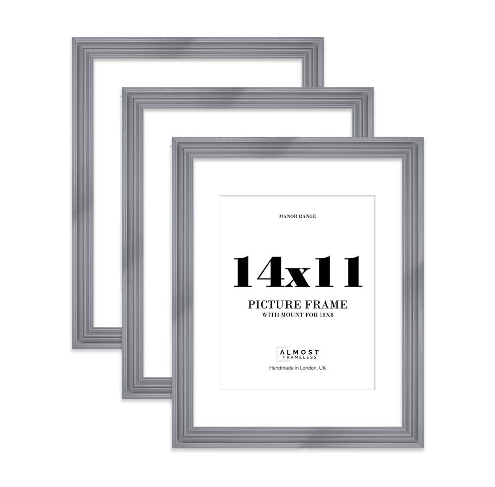 14x11" Grey Picture Frame - 14x11" Frame with 10x8" Mount for 14x11"/10x8" Pictures Vintage Style Wall Art, 3 Pack