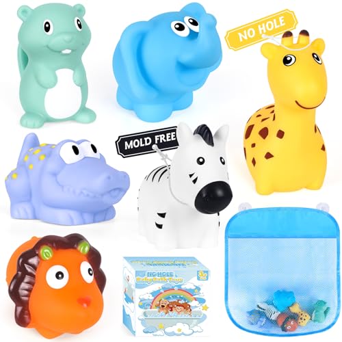 FHOZGECY Mold Free Bath Toys, 6 Pack Baby Bathtub Toys for Toddlers 1-3, No Hole No Mold Animal Bath Toys with Mesh Bag for Infants 6-12, Shower Toys for Kids Boys Girls Gifts (Wild Animal)