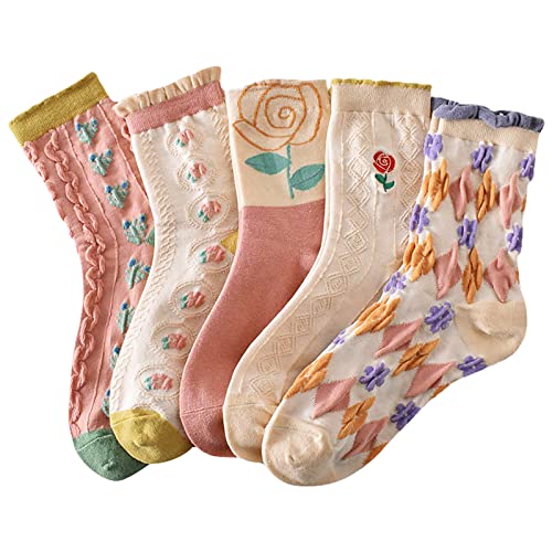Image of 5 Pack Cute Womens Floral Socks, Vintage Embroidered Frilly Floral Ankle Cotton Cottagecore Socks
