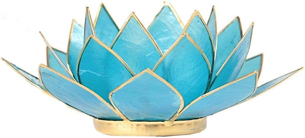 Lotus Shaped Tea Light Candle Holder Made of Capis Shell and edged in Gold coloured metal. Lotus is finished in Turquoise Blue Colour (Tea Lignt Candle not included)