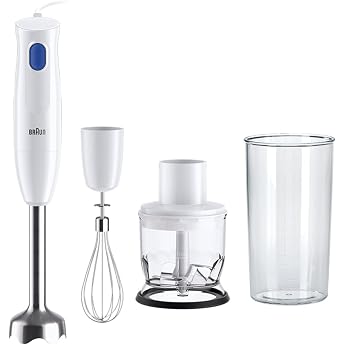 Braun Stabmixer MQ10.202M MultiQuick 1 - Extra Leichter P rierstab mit Edelstahl-Mixfu  und EasyTwist System inkl. Zerkleinerer Schneebesen und 600 ml Mix- & Messbecher 450 Watt Wei