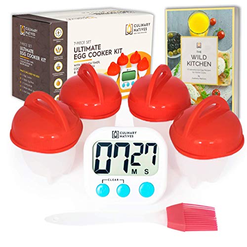 Culinary Natives | Hard Boiled Silicone Egg Cooker w/ Timer, eBook, Brush | No More Mess - Make Breakfast Without the Shells | The Ultimate Egg Boil Poacher Set - As Seen on TV (7 pcs)