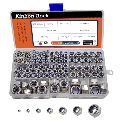 Kinhon Rock 401pcs Metric Nylon Insert Lock Nuts Assortment Set DIN 985 304 Stainless Steel Nylon Locknuts Hex Locknuts Kit with Box M3 to M12 Reusable Anti-Loose Corrosion-Resistant for RC Car DIY