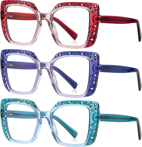 Image of ICARA 3 Pack Fashion Oversized Square Reading Glasses for Women, Retro Celebrity Style Blue Light Blocking Computer Readers