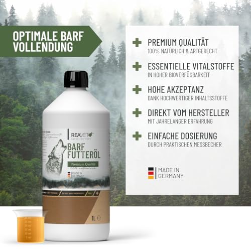 TESTURTEIL SEHR GUT 05/24 ReaVET Profi Futteröl Hunde 1 Liter, 1. Kaltpressung, kaltgepresst, Barföl, Futteröl Hund, hochwertige & perfekte Mischung, Barf Zusatz für Hunde I natürlich & artgerecht