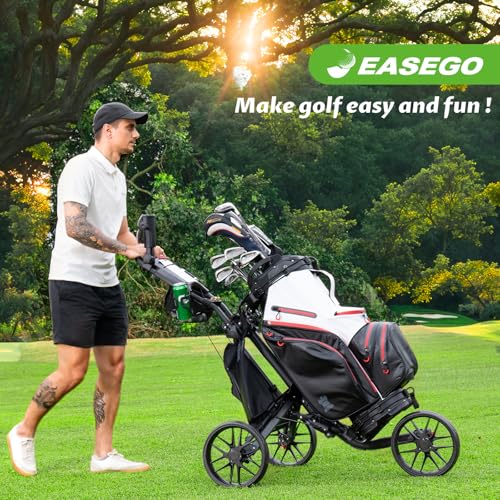 Image of EASEGO Golf Push Cart 3 Wheel : Golf Bag Cart Foldable with Phone Holder /Cup /Umbrella Holder Compact Golf Pull Carts Quick Fold Golf Caddy Push Carts with Large Wheelbase for Different Terrain