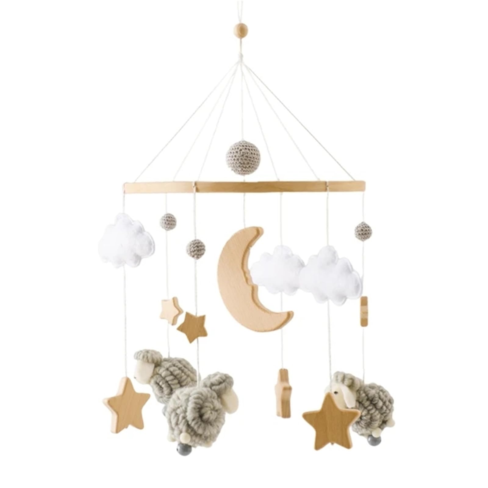 Tiere Holz Mobile Baby Stern Mond Lamm mit Filzbällen, Mobile Baby Mädchen Bettglocke Anhänger für Babybett Jungen und Mädchen (Grau)
