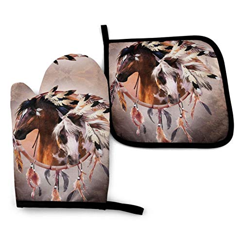 Funny Oven Mitt and Pot Holders Set Horse Heat Resistant Pot Holders Flexible Oven Gloves Kitchen Countertop Hot Pads Grilling Gadgets to Protect Hands and Surfaces for Men Women