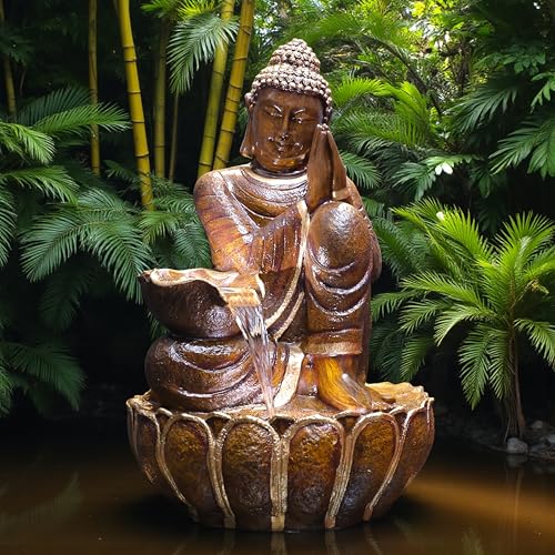 Image of 3 Feet Namaste Buddha Water Fountain for Home & Garden|Fiber Buddha Fountain with LED Light|Indoor Outdoor Fountain for Vastu & Positivity (Bronze, 3 Feet Namaste Buddha Fountain)