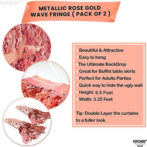 Image of KatchOn XtraLarge Wavy Rose Gold Fringe Backdrop - 3.2x6.5 Feet Pack of 2 | Wine Bachelorette Party Decorations | Birthday Decorations for Women