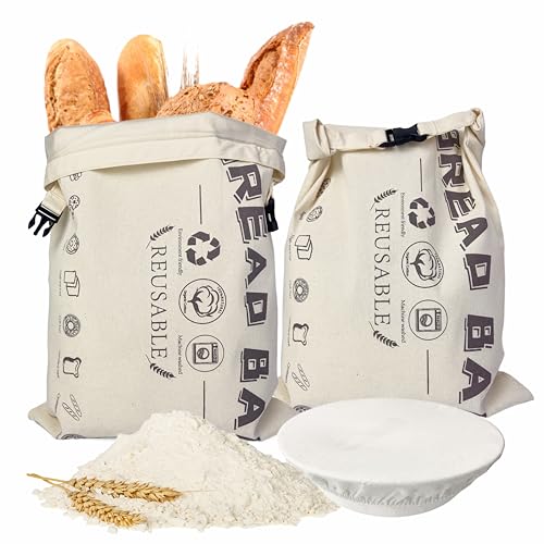 Cloth Bread Bags for Homemade Bread Sourdough with Bowl Cover,2-XL Reusable Cotton Storage Bag,Food-Grade Linned,Freezer Safe, Keeps Loaf for Days,Perfect Baking Accessories(FG&BC-Beige2)