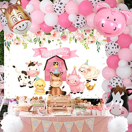 Cow Farm Theme Birthday Decorations Pink Girl Barnyard Birthday Balloon Garland Arch Pink Barn Birthday Backdrop With Cow Head And Cow Print Balloons For Girls Birthday Party #TOP1