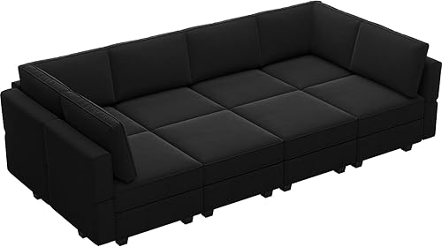 Miniatura 33 de Belffin - Sofá cama modular con otomanas, de terciopelo, reversible y con asiento con almacenamiento, color verde, forma de L-1 Negro