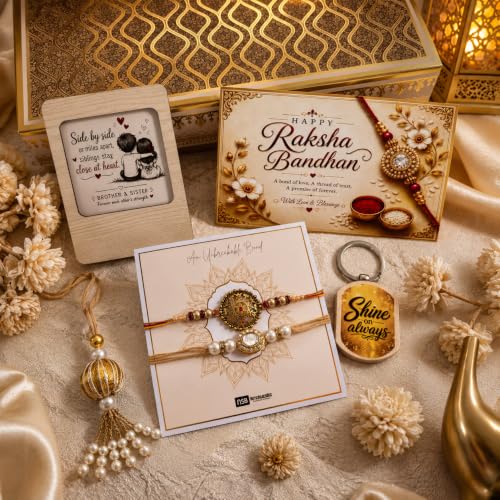 Image of NutriSnacksBox Royal Rakhi White Hamper | Premium Dry Fruits, Gourmet Snacks & Festive Gift Set | 2 Decorative Bhaiya Rakhis, Wooden Magnet, Keychain, Roli Chawal & Greeting Card | Luxury Raksha Bandhan Gift Box