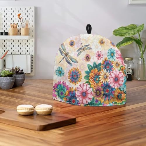 Image of Boho Flower Dragonfly Tea Pot Cosy Creative Teapot Cozies Teapot Cover with Top Handle Insulating Keep Tea Warm Teapot Warmer Ideal Gift