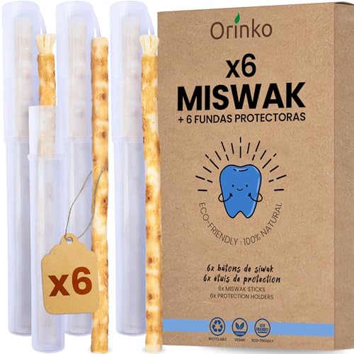 ORINKO Siwak x6 con 6 estuches de protección, cepillo de dientes natural, limpiador, desinfectante, blanqueador, ecológico, biodegradable y vegano, ebook ofrecido