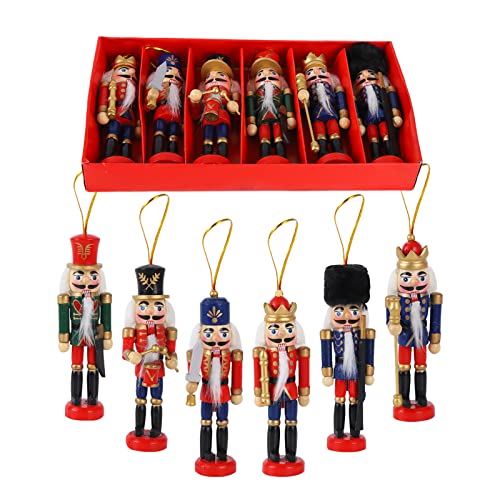 6 Pcs Weihnachten hölzerne Nussknacker,13cm Soldat Nussknacker Figur Puppe,Handbemalter Nussknackerkönig Holz Figuren Hängende Ornamente für traditionelle Weihnachtsdekoration,Party Deko 13 cm