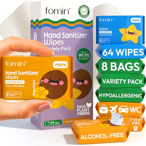 Fomin Hand Sanitizer Wipes 8 Pack (8 Count) - Variety Pack Hand Sanitizer Travel Size pH Balanced Biodegradable On The Go Mini Hand Sanitizing Wipes - Hypoallergenic Total 64 Wipes