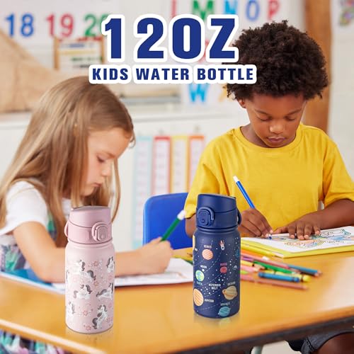 Image of GOPPUS Kids 12oz Insulated Stainless Steel Water Bottle, Leakproof Vacuum Tumbler with Carry Handle, Fits Cup Holders, Reusable Water Bottle for School Outdoor, Boys & Girls（Blue Starry Sky）