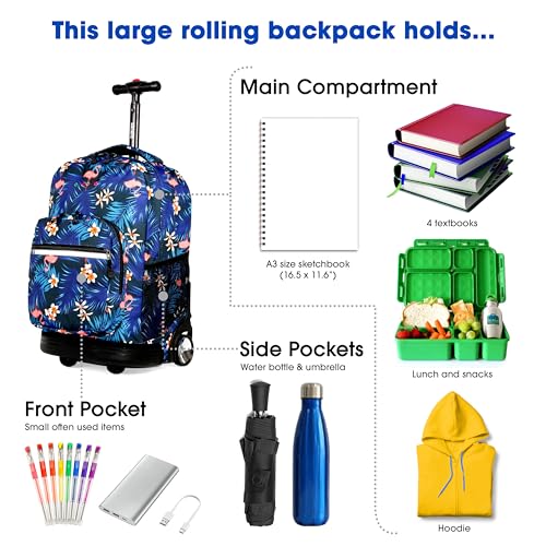 Image of J World Sunrise Kids Rolling Backpack with Wheels for Girls Boys, Roller Bookbag for School, 18 x 13 x 9 Inches, New Flamingo