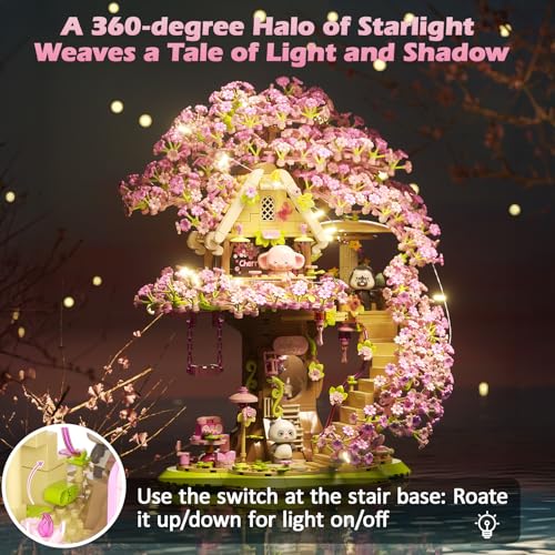 Cherry Blossom Bonsai Tree House Building Kit with LED Lights & Music Box, 1613 pcs Sakura Micro Blocks for Adults, 3 Movable Dolls DIY Craft, Home Office Decor Gift — view 3