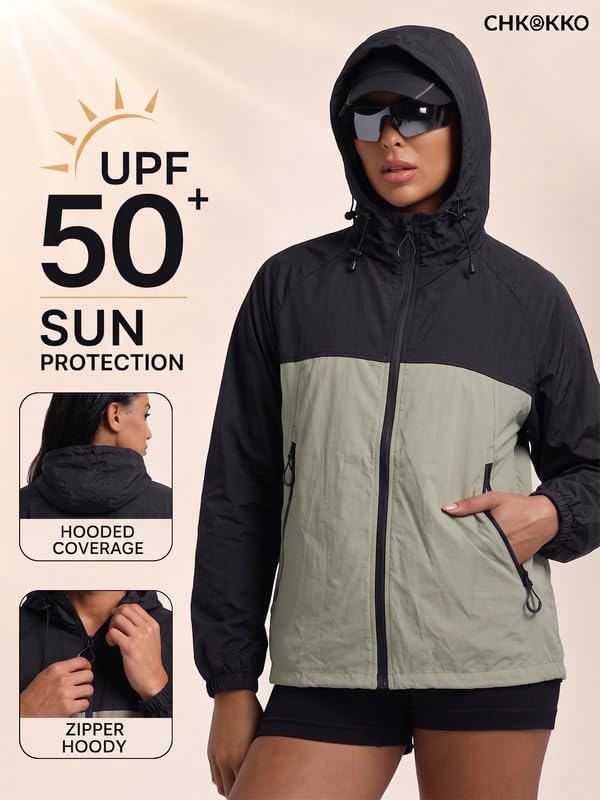 Image of CHKOKKO Sunscreen Jacket For Women With Hood Upf 50+ UV Tan Sun Protection | Wind Proof Lightweight Breathable Quick-dry Water-repellent Fabric | For Gym Sports Running Biking And Dailywear