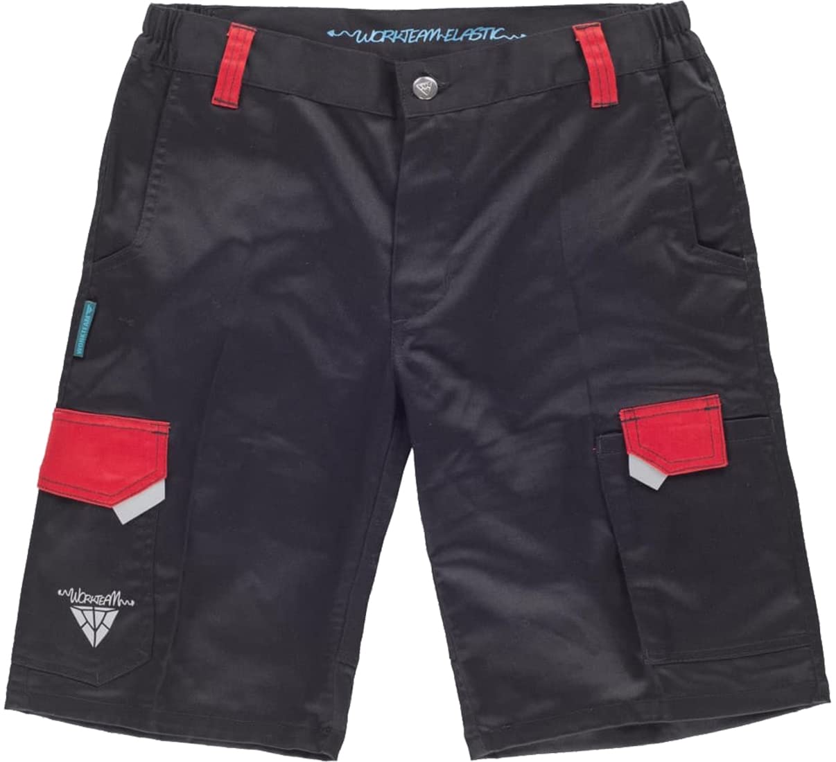 Teamwork Workteam Pantalón Corto de Trabajo, Tejido Elástico, Detalles Reflectantes, Bermuda. Unisex Negro+Rojo XXL