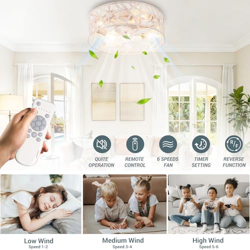 Image of Flush Mount Fandelier Ceiling Fan with Lights and Remote, 18 inch Caged Ceiling Fan with Light Vintage White, Farmhouse Ceiling Fans for Bedroom, Kitchen, Living Room