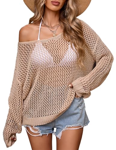 Womens Oversized Lightweight Knit Beach Cover Up Cute Tops Crochet Hollow Out T-shirt Dress Sweater Top 2024