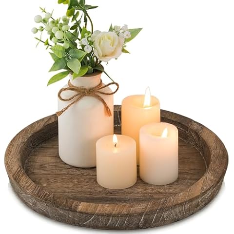 Hanobe Candle Plate Holder Tray: Round Wooden Decorative Candle Plate Small Farmhouse Table Centerpiece Rustic Wood Tealight Pillar Trays for Christmas Wedding Halloween Home Decor Cover