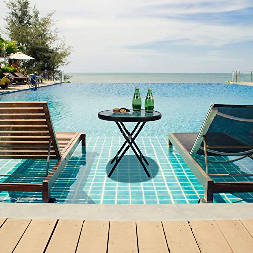 Mfstudio Patio Side Table, Folding Portable Round Bistro Coffee Table, Tempered Glass Metal End Table, Plant Stand For Indoor & Outdoor Garden Lawn Backyard Poolside, 18 Inch Pattern Green #TOP1